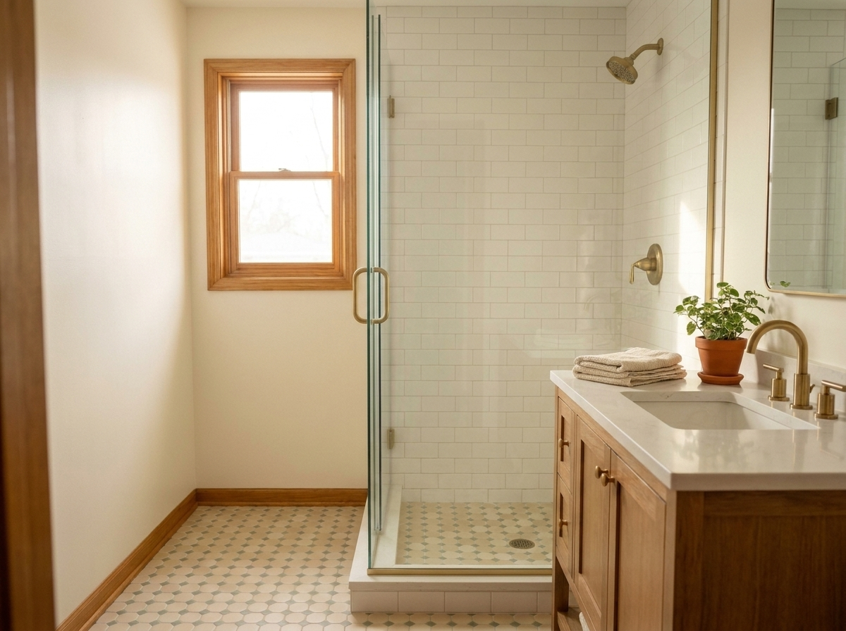 A small bathroom with polished fixtures and clean tile
