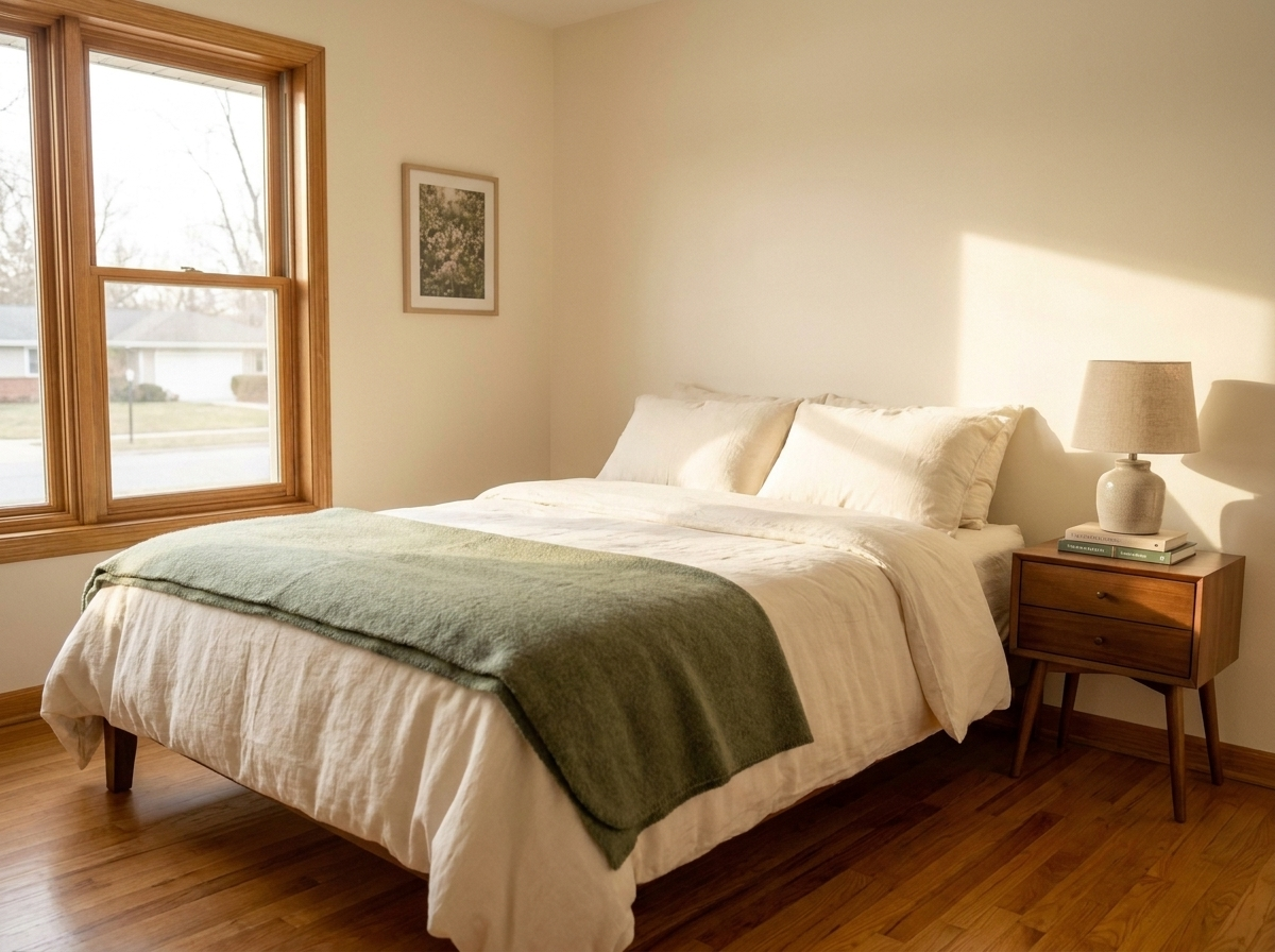 A neatly made bed and clean floor in a compact bedroom