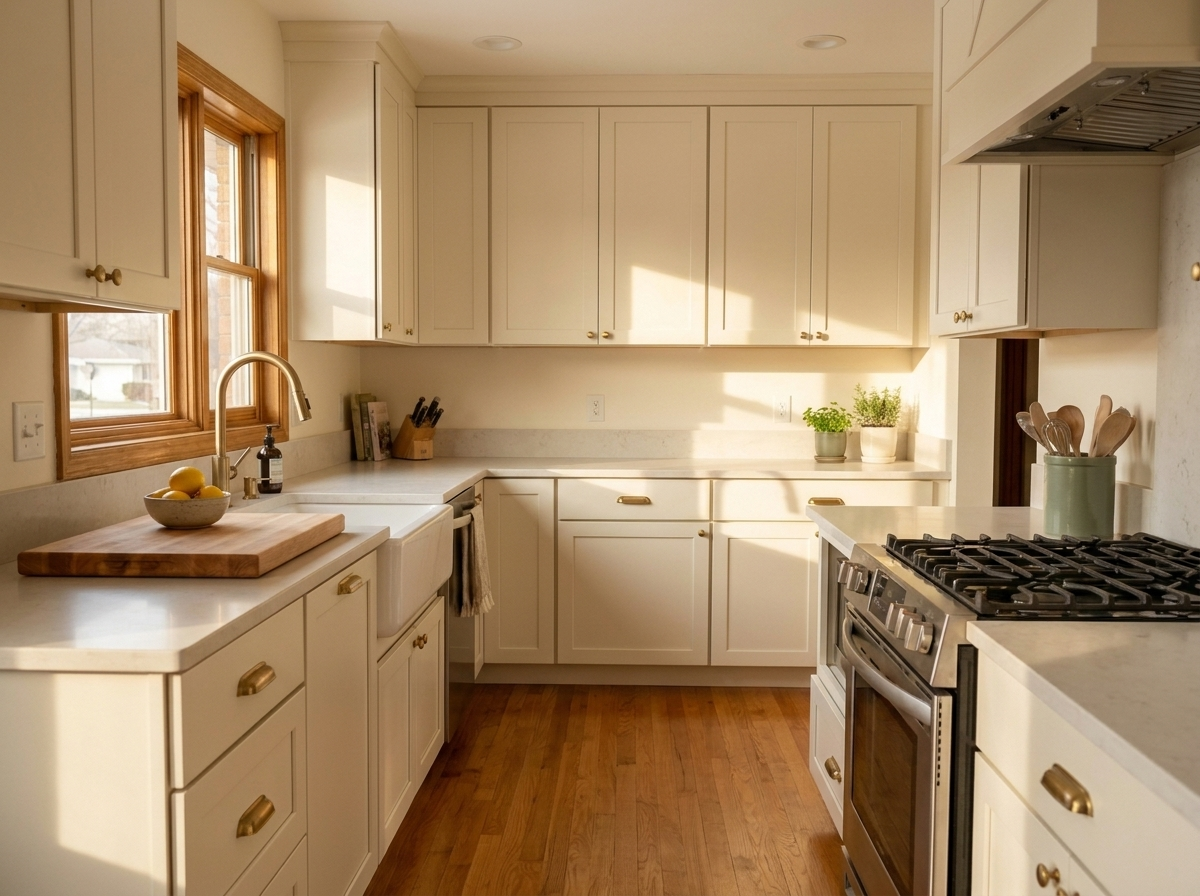 A kitchen with clear counters and a wiped range