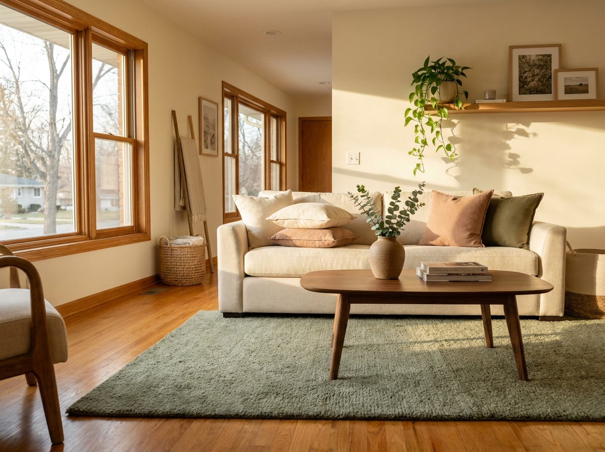 A tidy living room with dusted surfaces and a vacuumed rug